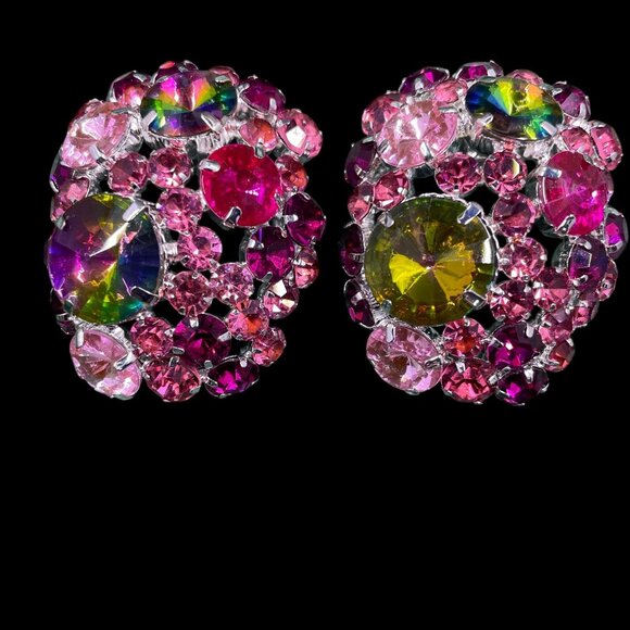 Multicolor Rhinestone Clip On Earrings Statement Glam Cocktail Jewelry - Picture 2 of 5
